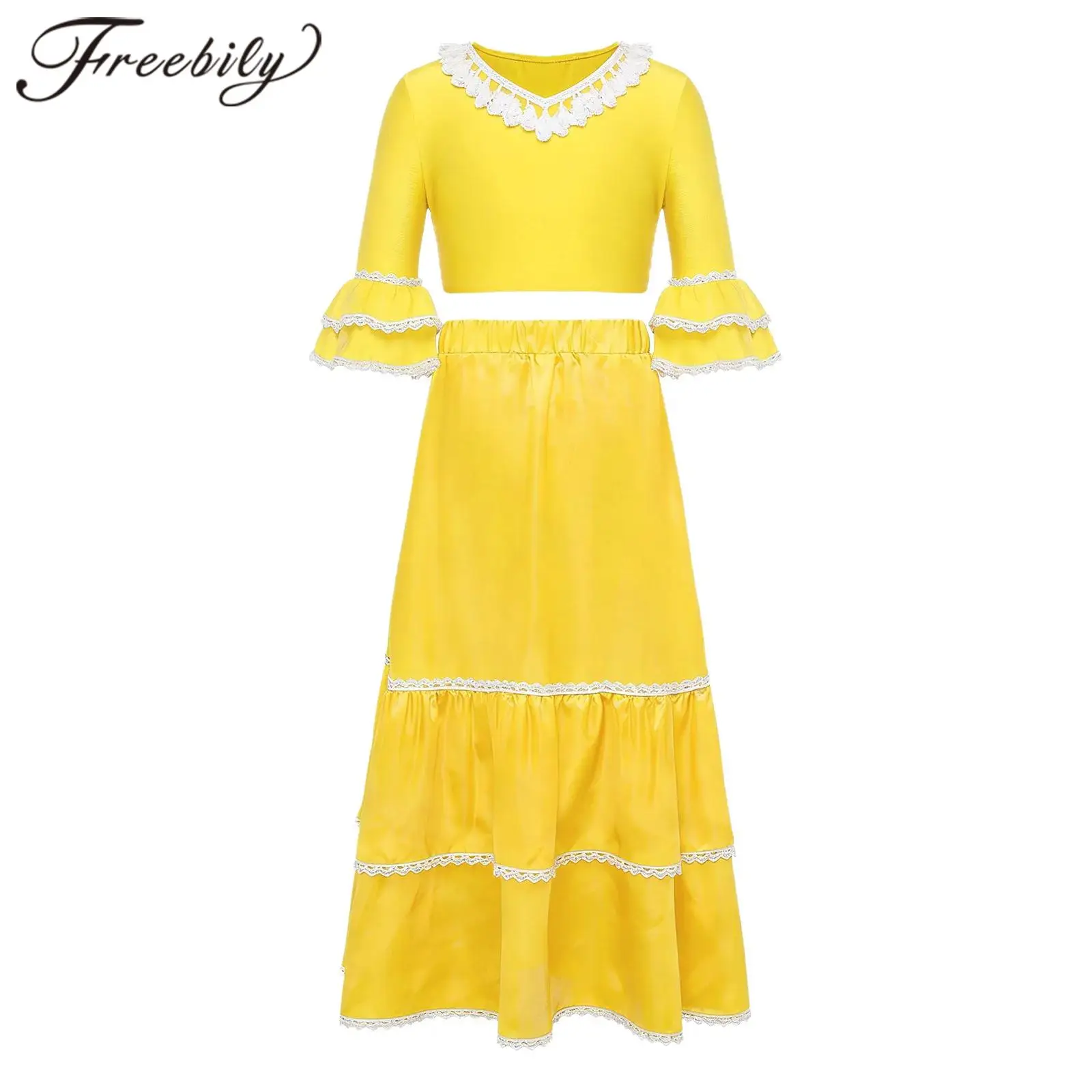 

Kids Tassel Crop Top with Skirt Children Mexican Carnival Costumes Girls Spanish Dance Outfit Classic Bullfight Flamenco Costume