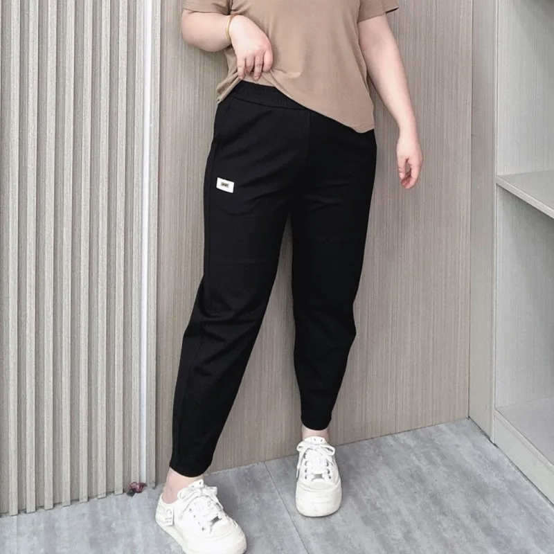 New Casual Pants Women Summer 2024 Plus Size Elastic High Waist Label Loose Ankle-Length Harem Pants