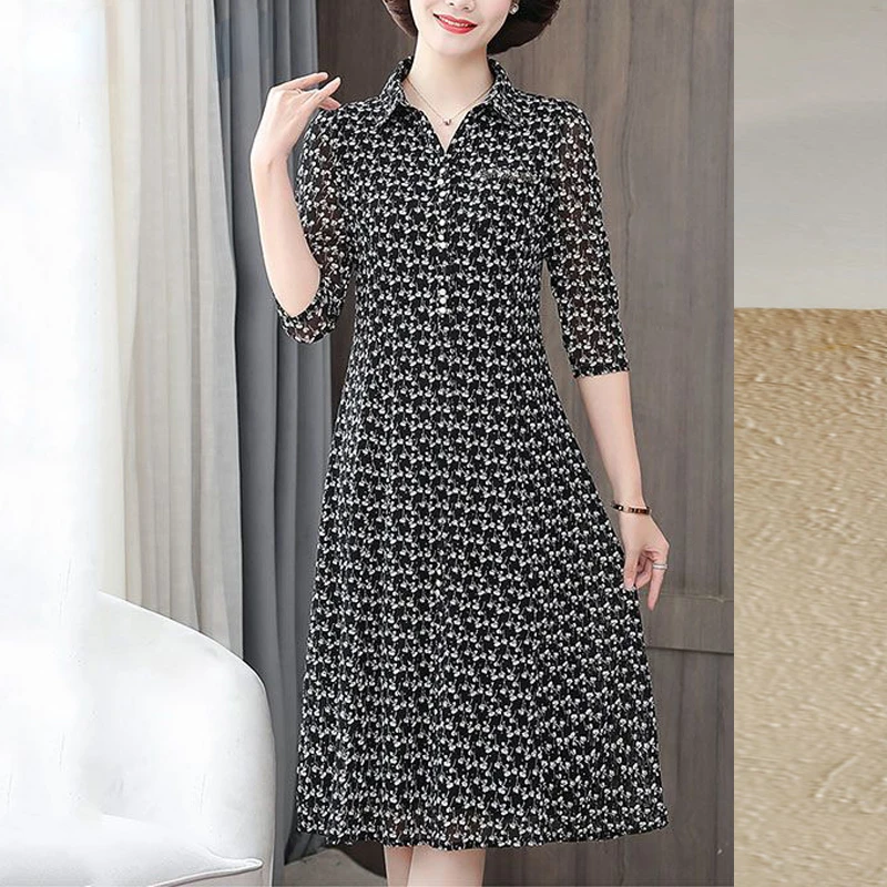 Middle Aged Women Vintage Floral Print Elegant Slim Three Quarter Sleeve Shirt Midi Dress Spring Casual Fashion Dresses Clothes