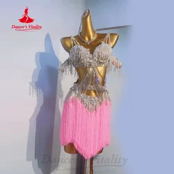 Latin Dance Competition Dresses Women's Customized Luxury Water Diamond Exquisite Pearl Tassel Dress Chacha Performance Costume