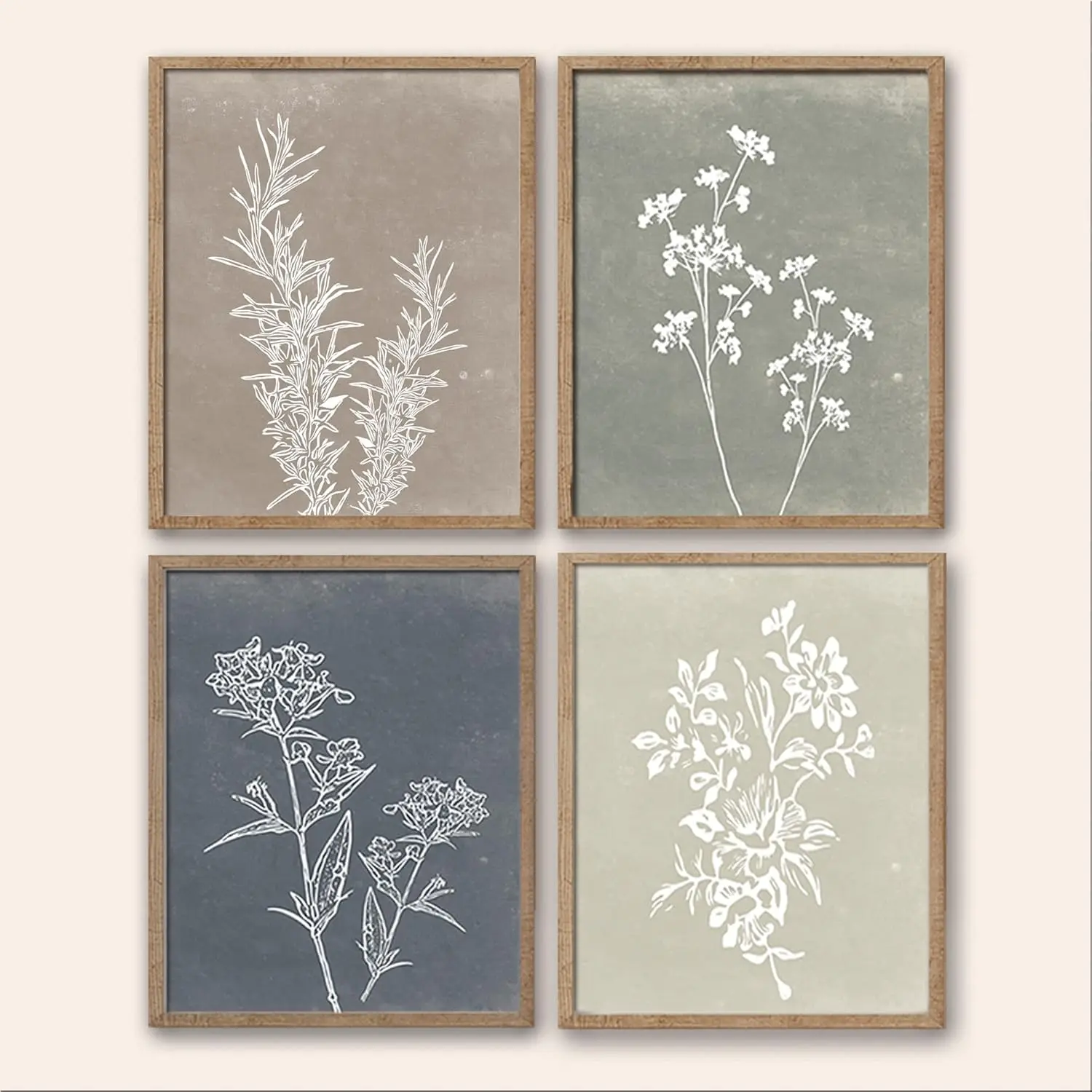 Boho Wall Art Set of 4 for Wooded Minimalist Botanical Print Wall Art for Rustic Vintage Farmhouse