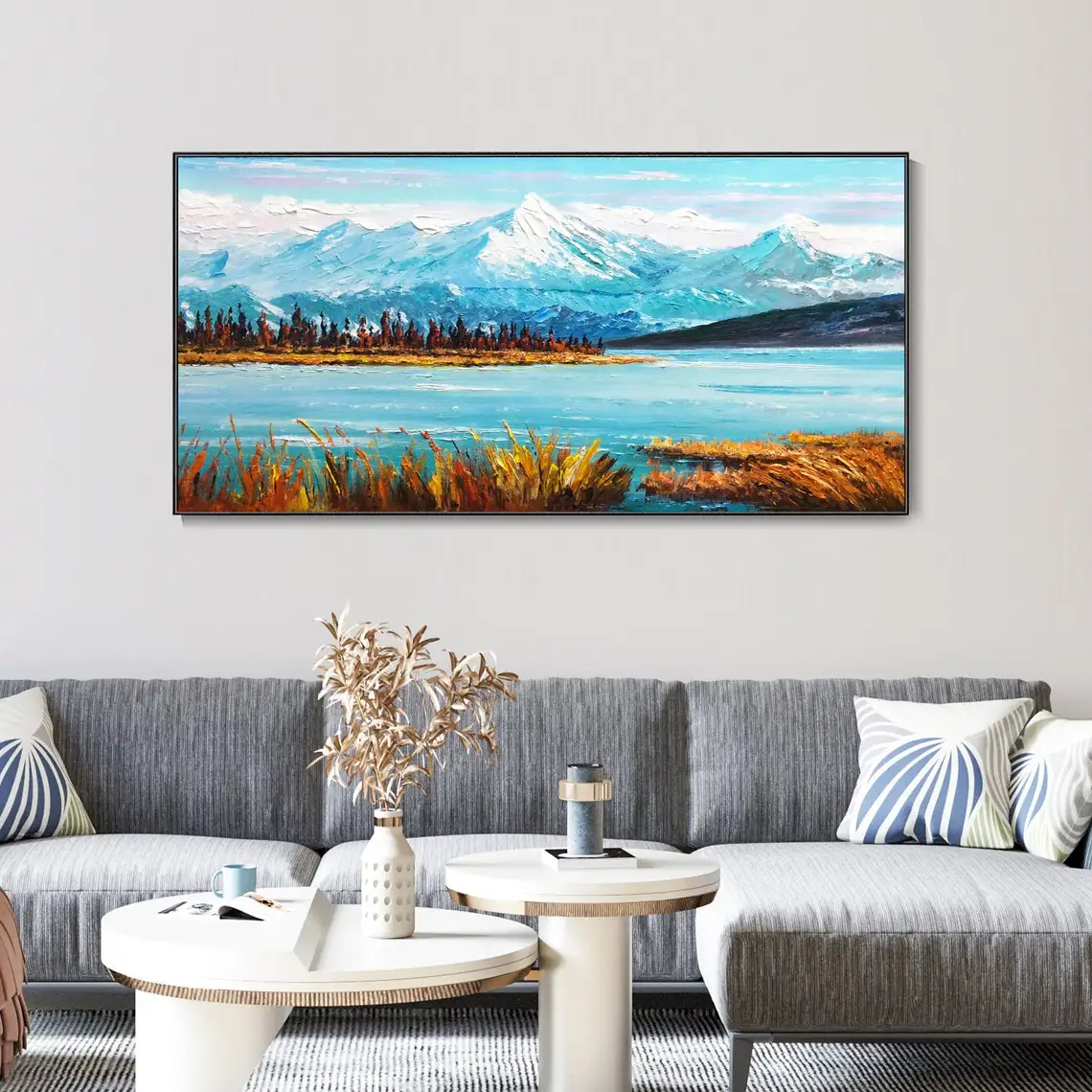 Large Abstract Landscape Art 3D Hand Natural Lake Oil Painting Snowy Mountain Glacier Texture Painting Autumn Home Wall Decor