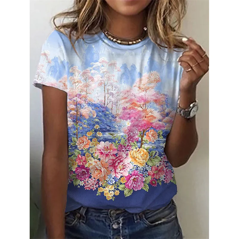 

3D Printed Vintage Flower T Shirt for Women Colorful Graphic T-Shirts Summer Harajuku Loose Tees Round Neck Tops Short Sleeves