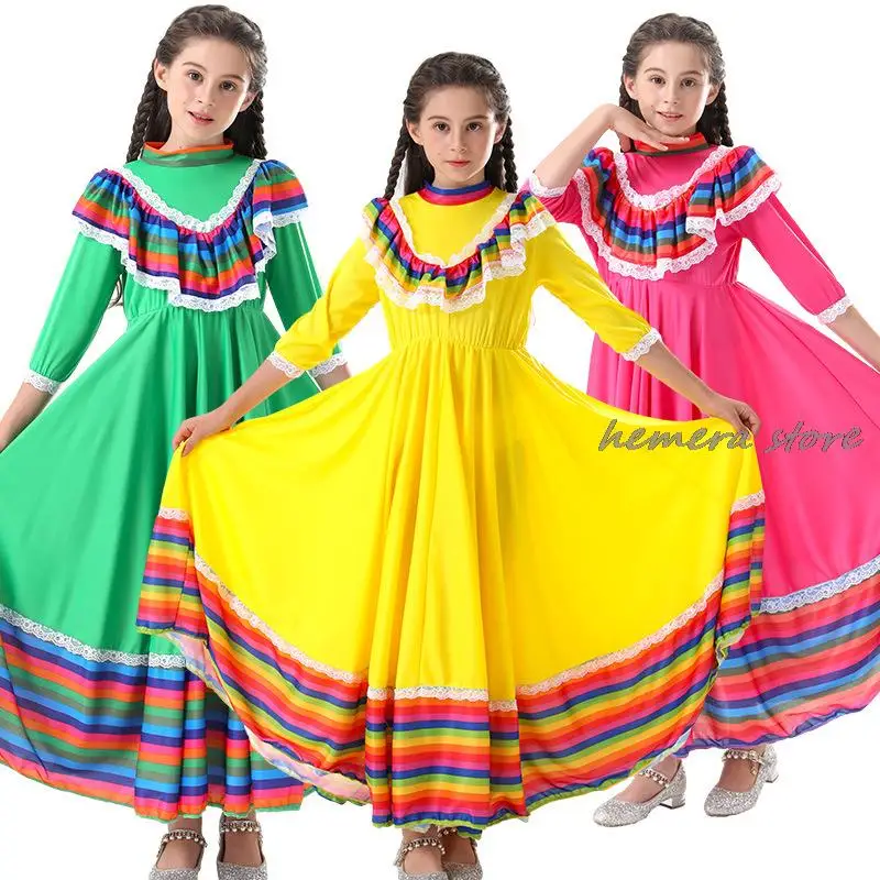 

Child Girls Jalisco Traditional Guadalajara Mexican Folk Dancer Costume Halloween Carnival Costumes For Kids 3 Colors Available