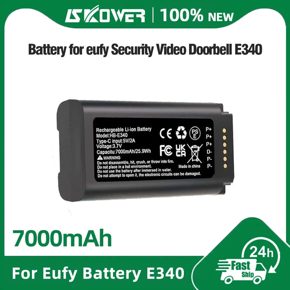 7000mAh Rechargeable Li-ion Battery for Eufy E340 Security Video Doorbell Camera C30 C31 With USB-C Charging Cable