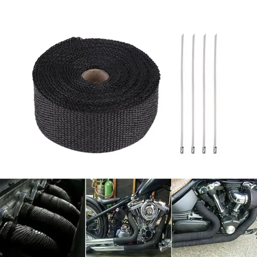 5M /Roll Motorcycle Exhaust Thermal Tape Header Heat Wrap Manifold Insulation Tapes Resistant Fiberglass Heat Wrap +4 Ties Kit image 2