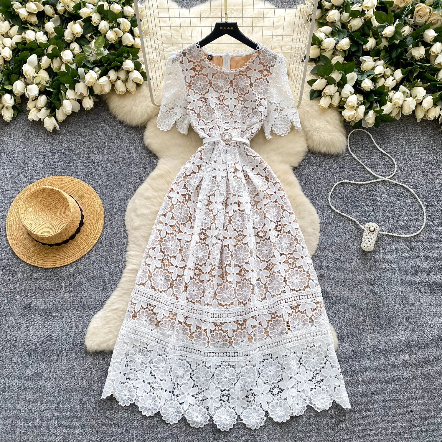 Elegant Flower Embroidery Water Soluble Lace Wedding Dress Women's Short Sleeve Crystal Belt Hollow Out Prom Evening Vestidos