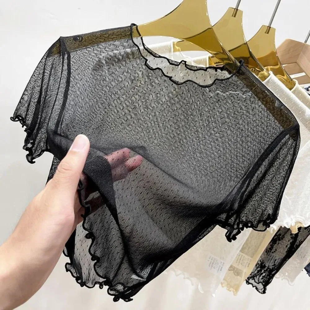 Fashion Polyester Lantern Mesh Inner Top Breathable Elastic Lace Camisole Base Hollow Out Cropped Mesh Blouse Women