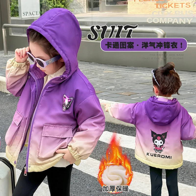 Sanrioed Kuromi Children's Hooded Jacket Girls Cartoon Velvet Overcoat Thickened Warm Autumn Winter Windbreaker Children Clothes