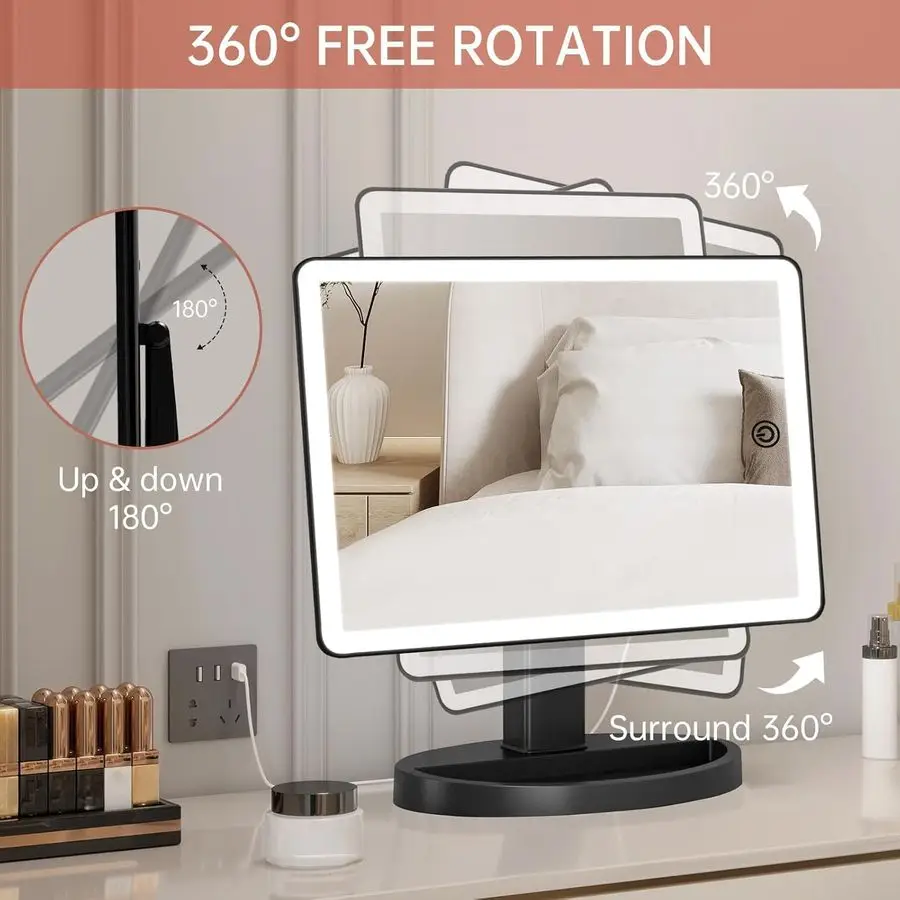 Grand miroir de maquillage éclairé avec lumières, 3 modes d'éclairage de couleur, miroir lumineux avec 88 LED, grossissement 10X et rotation à 360 degrés