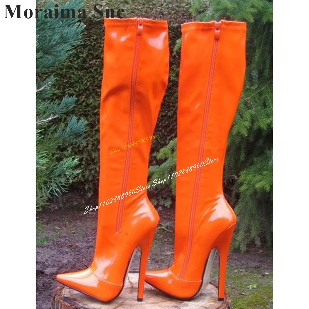 

Knee High Orange Soft Patent Leather Boots Stilettos High Heel Women Shoes Side Zipper Pointed Toe 2024 Sexy Zapatos Para Mujere