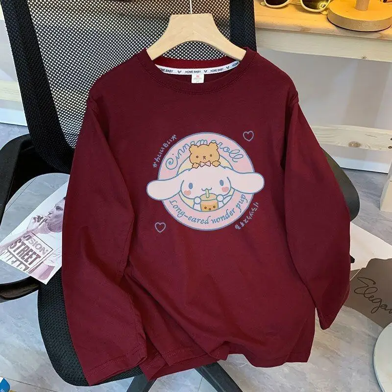 

Женская футболка Sanrio Cinnamoroll с длинным рукавом, с принтом, из чистого хлопка, повседневная, в американском стиле, осенняя новинка, свободного кроя, милый базовый слой