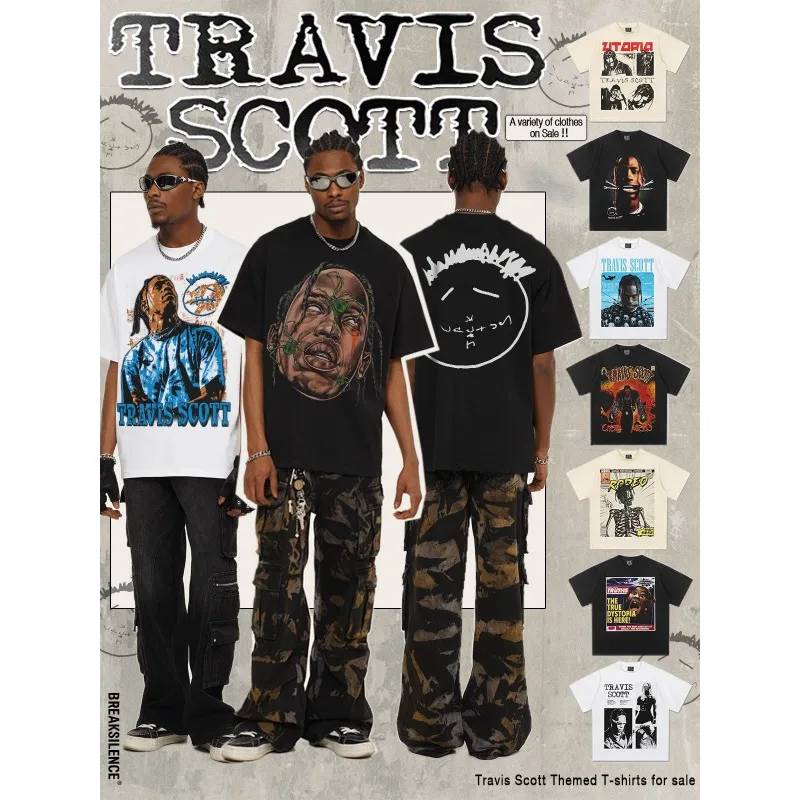 

2025 Spring/Summer New Travis Scott 250g Heavy Duty Short Sleeve American Retro Pure Cotton High Quality Printed Couple T-shirt