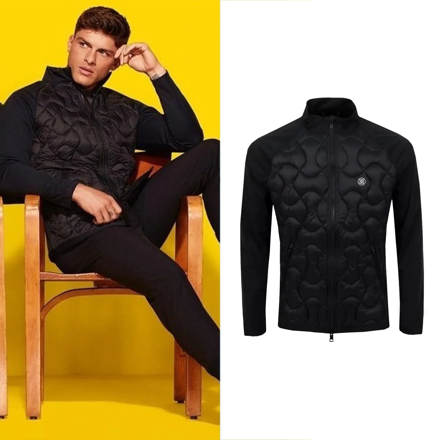 

Men's Cotton-Blend Golf Jacket for Fall/Winter Patchwork Black Insulated Windproof Waterproof Sports Jacket