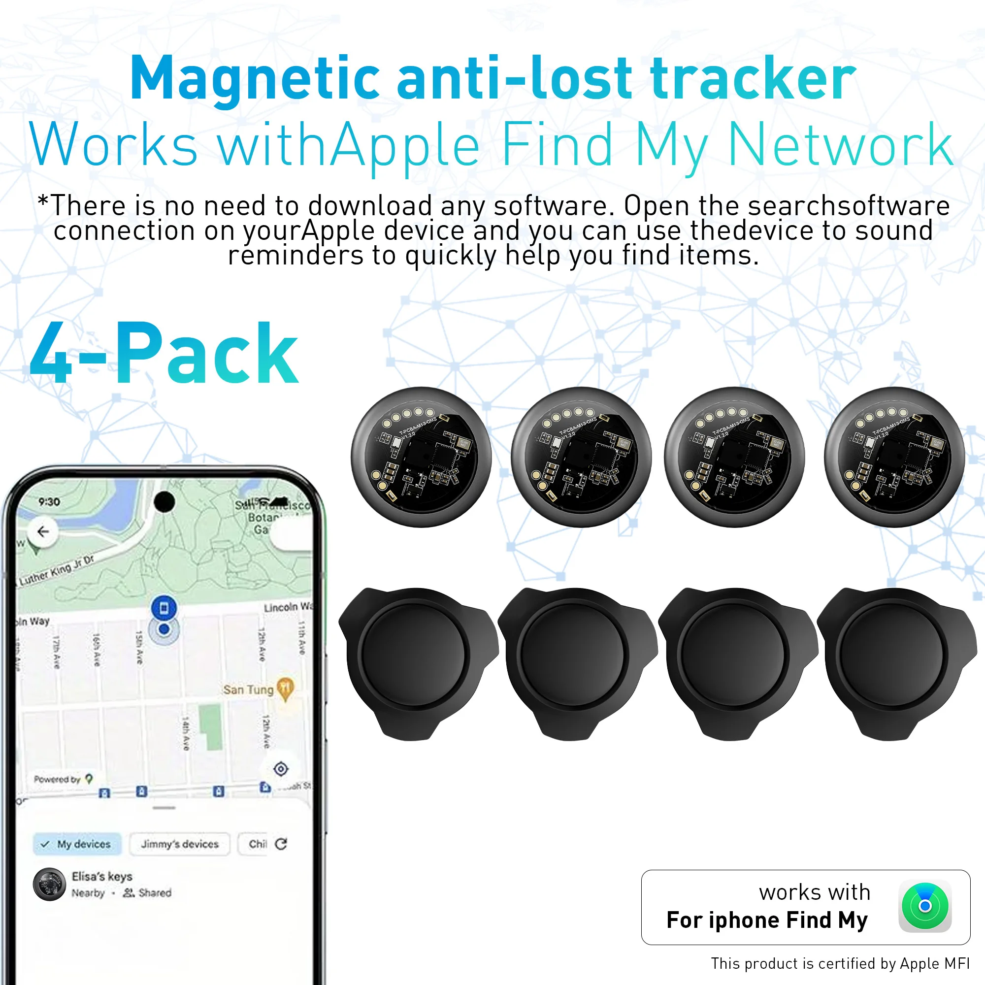 4-Pack Magnetic Smart Tags Bluetooth Anti-Lost Trackers for iOS Find My Compatible with Drone Laptop Water Cup Suitcase
