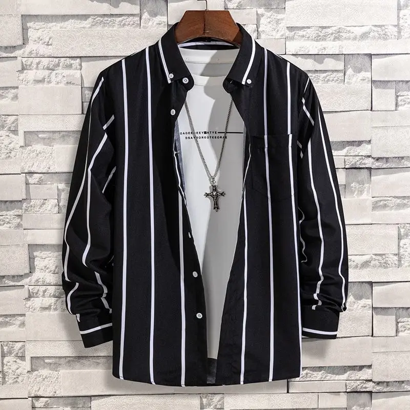 Spring Autumn New Fashion Striped POLO Collar Button Shirts Men\'s Clothing Long Sleeve Cardigan Korean Loose Trend Chic Blouses