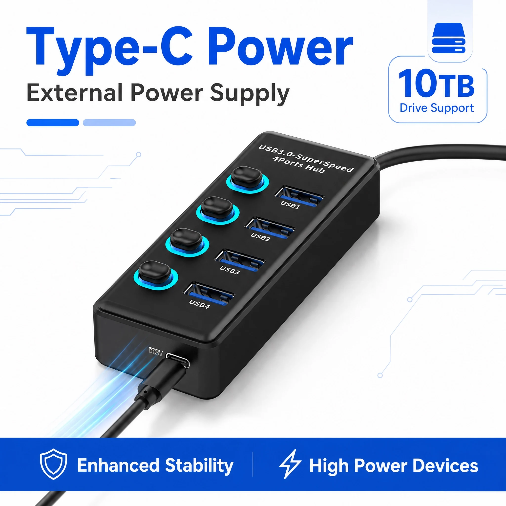 4 Ports USB 3.0 Hub With Individual On/Off Switches 5Gbps Super Speed USB Splitter Type‑C External Power Supply For Laptop PC view 5