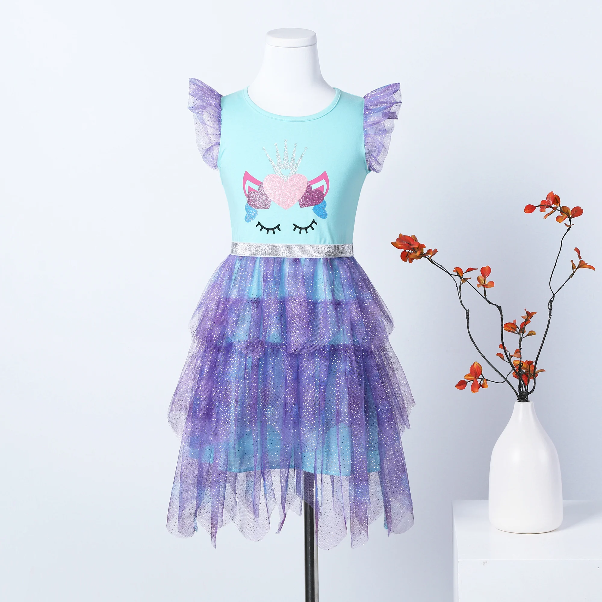 Girls Cat Heart Print Mini Dress with Polka Dot Mesh Panel Asymmetrical Skirt Cap Sleeves for Party Special Occasion Wear SH1775