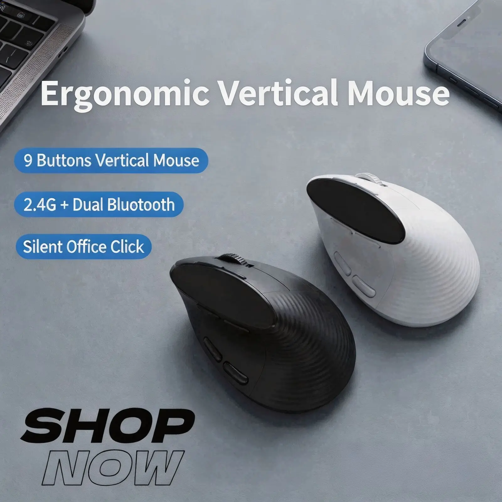 Wireless Vertical Ergonomic Mouse 2.4G Bluetooth 5.0/5.1 9 Keys 800‑4000DPI Rechargeable Silent Optical Mouse For Laptop Office