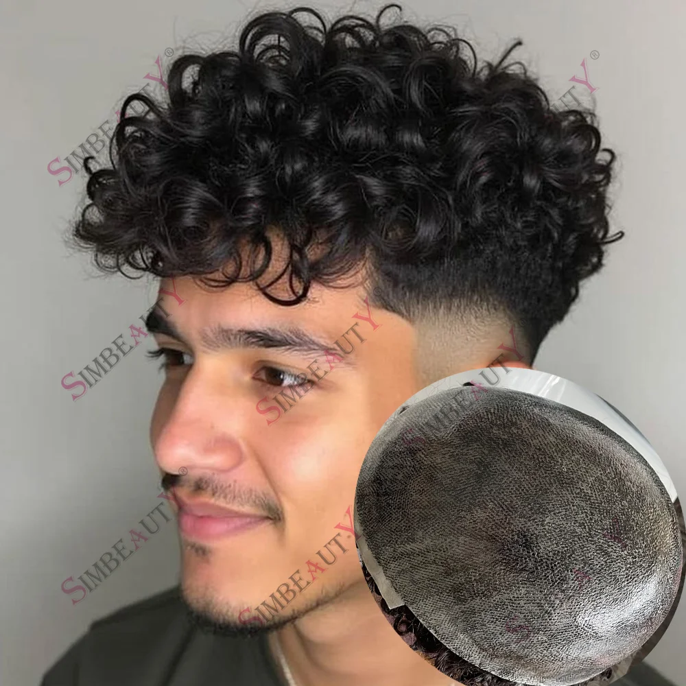 

Men's Curly Hairstyles 22mm Curly Human Hair Super Durable Full PU Injection Toupee Male Hair Units Replacement System Prosthesi