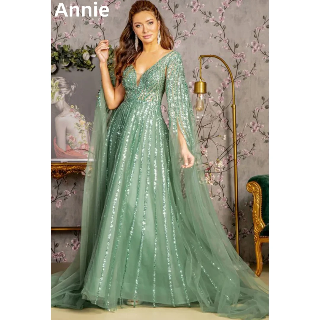 Annie Elegant Green Wedding Dress Luxury Long Sleeve Sequins Prom Dresses Women Formal Occasions Bespoke Occasion Dresses