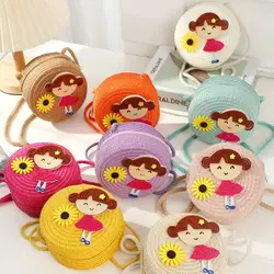 Children Girl Straw Bag Cute Flower Handmade Woven Messenger Bag Travel Storage Basket Coin Purse Summer Kids Crossbody Handbag