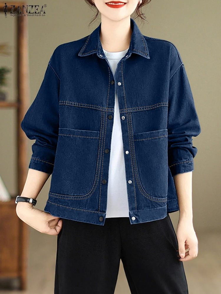 ZANZEA 2025 Vintage Denim Shirts Women Autumn Long Sleeve Blusas Casual Loose Buttons Pockets Tops Korean Lapel Neck Tunic