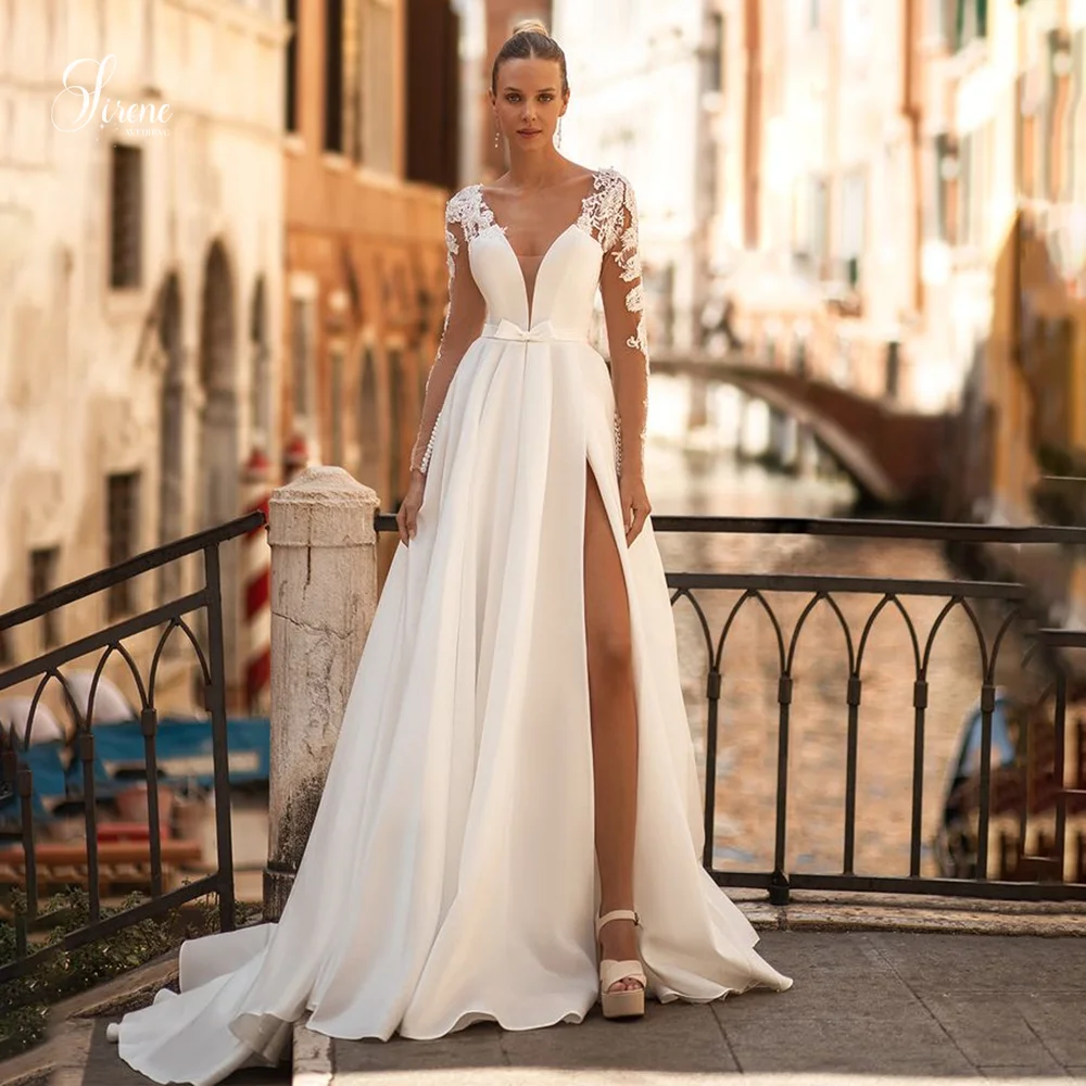 Sirene Einfache Moderne V-ausschnitt Spitze Lange Ärmel Illusion Satin Brautkleider mit Hohem Schlitz Elegante Vestidos De Novia Angepasst