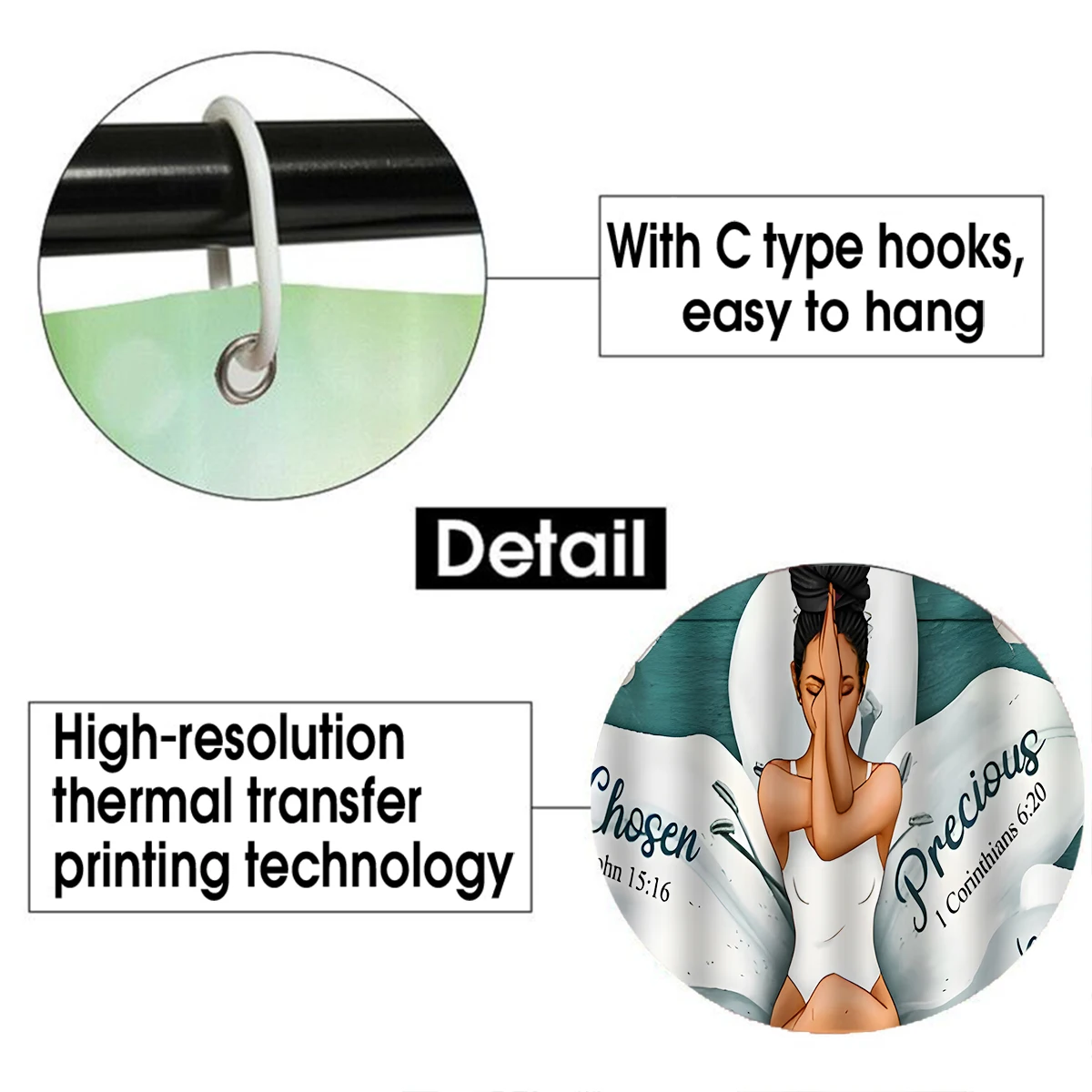 1/4 Piece Shower Curtain Set, Waterproof Bathroom Partition Curtain with Hooks, Anti-Slip Bath Rug, U Shape Mat, Toilet Seat Cov