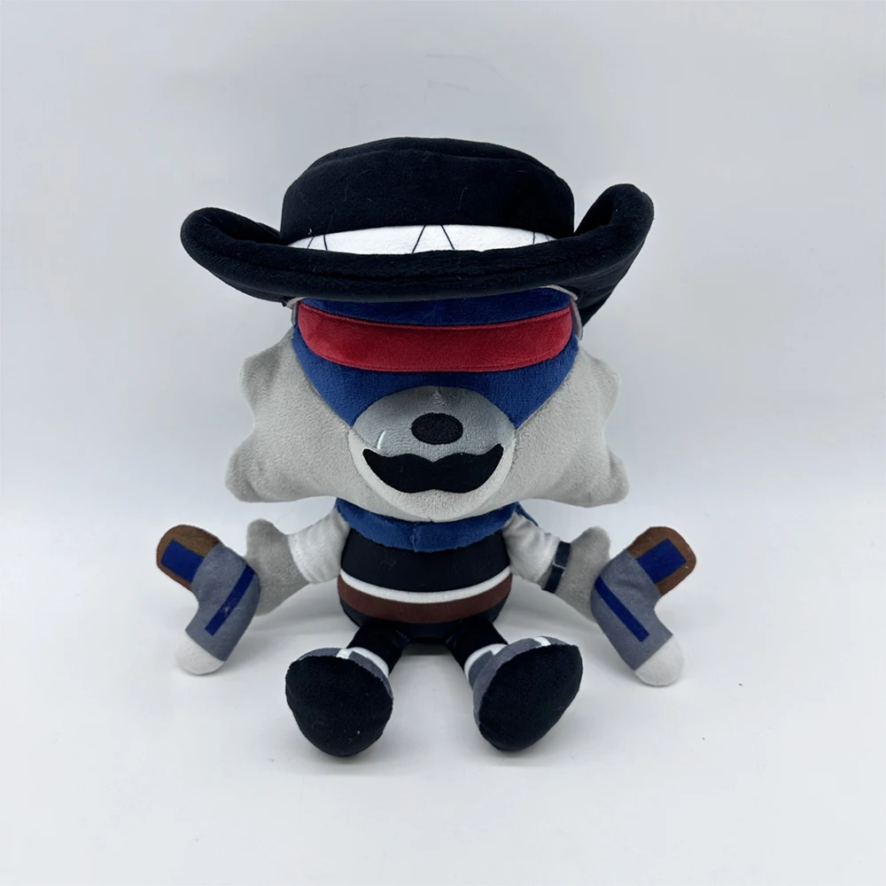 A wolf plush toy wearing a blue and red eye mask and a black hat is creatively designed to be cute and playful