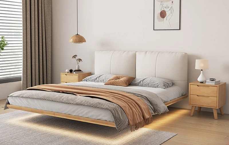 Suspended bed, solid wood, master bedroom, double, high-end, with lamp, cream wind, small apartment