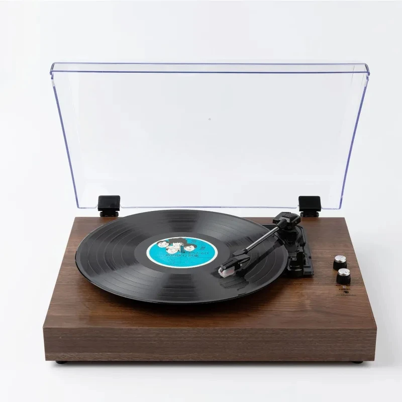 Retro Record Player Wooden Phonograph Built-In Double-Trumpet Speaker Desktop Acrylic Dust Cover