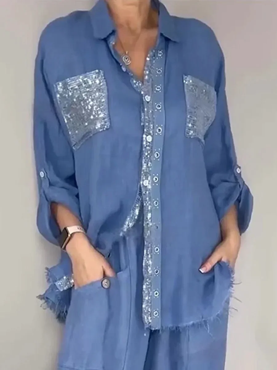 Modisches, lockeres Paillettenhemd für Damen, 2-teiliges Set, elegantes Langarm-Oberteil, hochtaillierte, weite Hose, Sommer-Herbst-Outfit für Damen – Detail 5