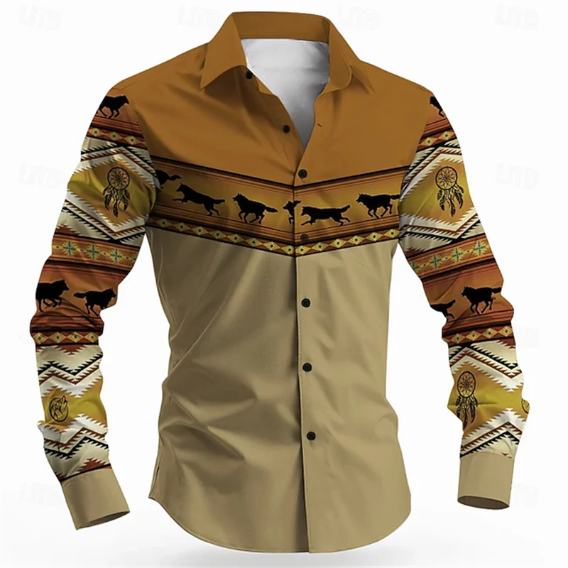 Men's Bull Ethnic Culture Shirt Long Sleeve Vintage Tribal Outdoor Travel Hunting Spring Autumn Lapel 3D Printed Lapel Shirt