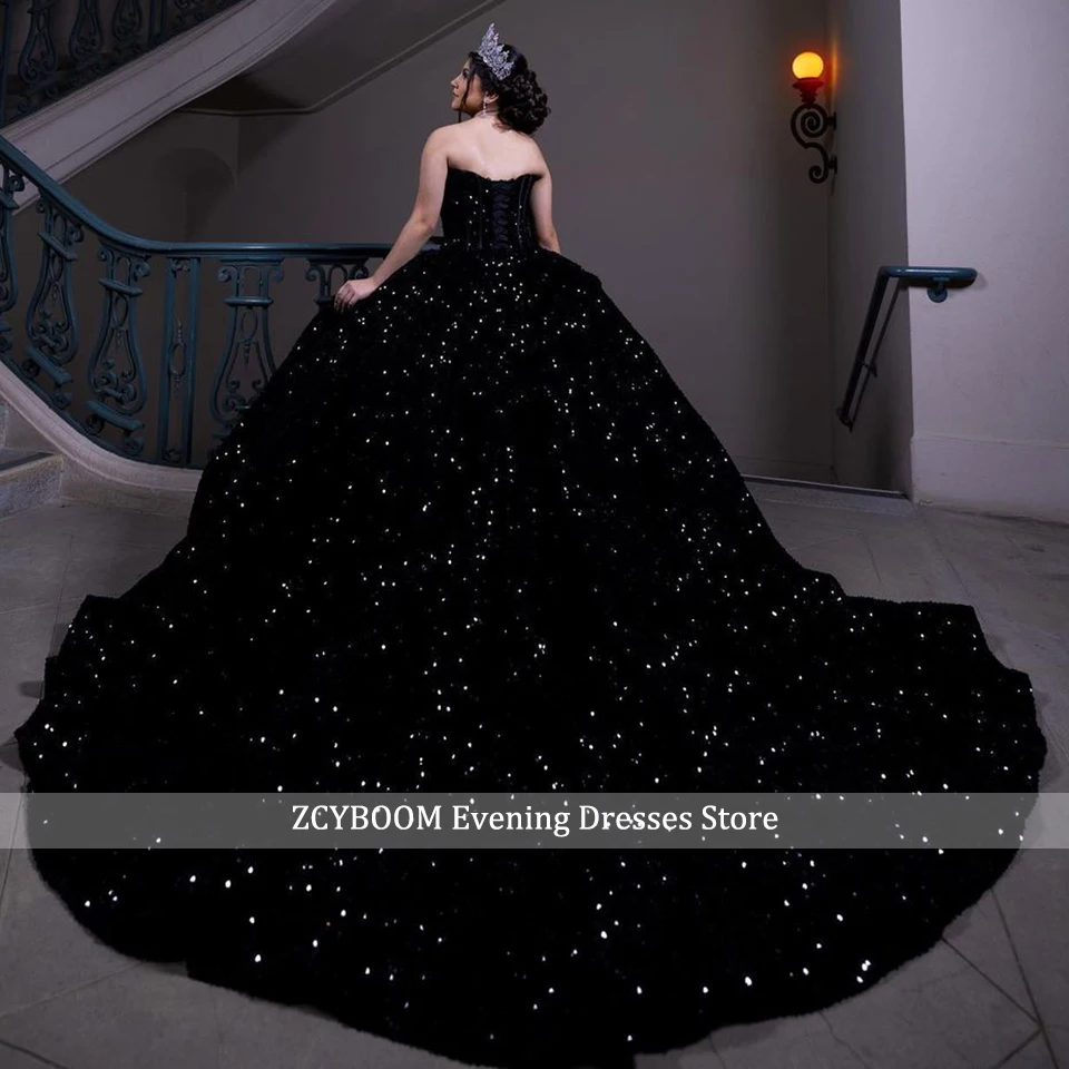 Luxury Sparkly Black Sequined Ball Gown Quinceanera Dresses 2023 Sweetheart Lace Up Back Party Prom Gowns Vestidos De 15 Años