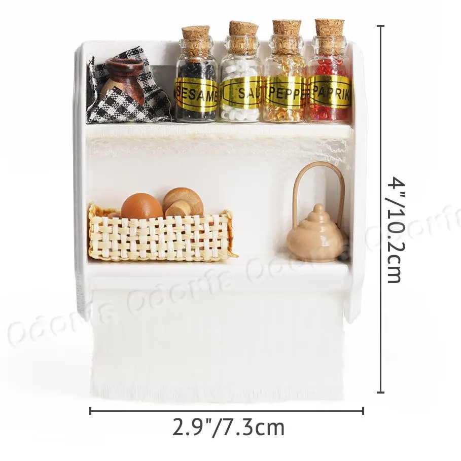 Odoria 1:12 Miniature Wood White Wall Mounted Cabinet Food Storage Shelf with Spice Jars Kitchen Set Dollhouse Accessories Decor