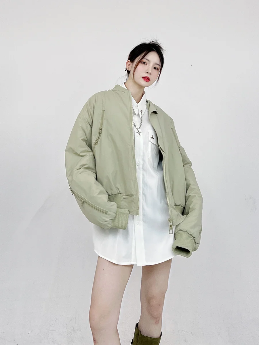 

American Retro Jaet Thiened ort Sle for Men And Women Casual Match All Seasons een Avocado Color Baseball Coat