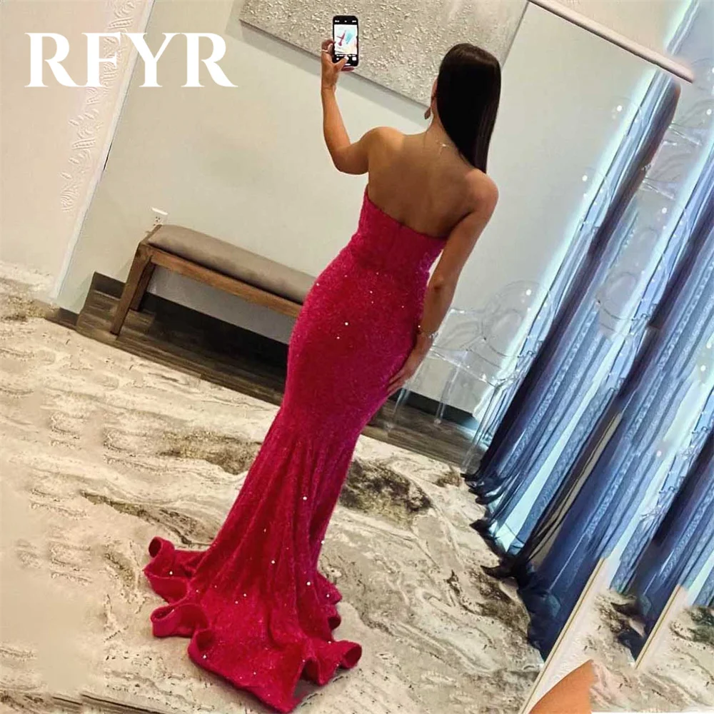 RFYR Fuchsia Prom Dress Sweetheart Trumpet Evening Dress Luxury Sequins Sleeveless Party Dress with Pleats Satin Robe De Soirée