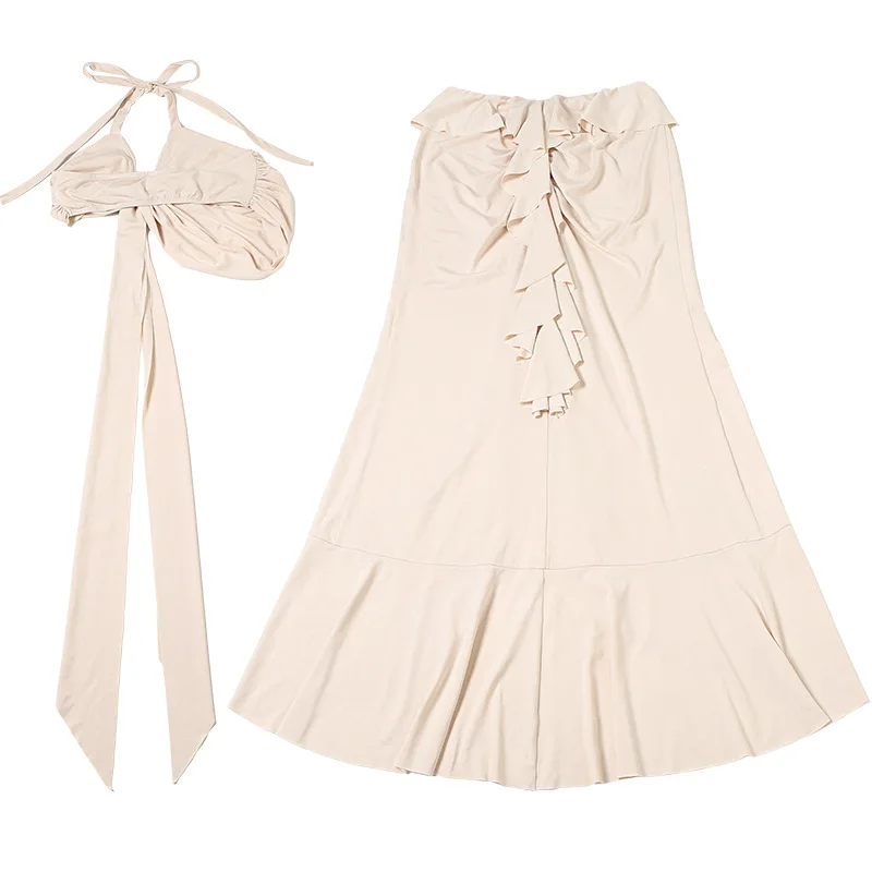 الصيف 2 قطعة مجموعة المرأة الاتجاه الجديد الرسن غير النظامية بروتيل + الخوخ الأرداف الكشكشة سبليت ماكسي التنانير مطابقة دعوى