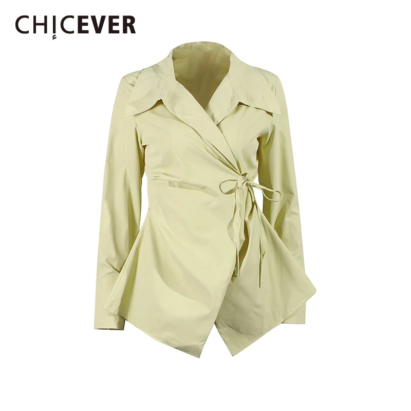 

CHICEVER Solid Spliced Lace Up Chic Shirt Female Lapel Long Sleeve Elegant Office Lady Women's Shirts Autumn Style Fashion New