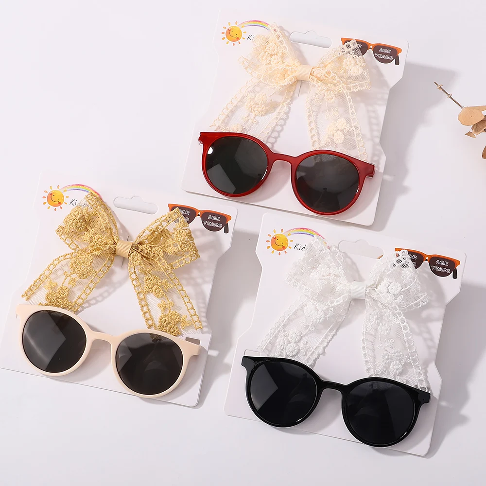 2Pcs/set Baby Lace Bows Hairpin Sunglasses Set Girls Beach Photography Props Toddler Hair Bands Headwear Kids Hair Accessories