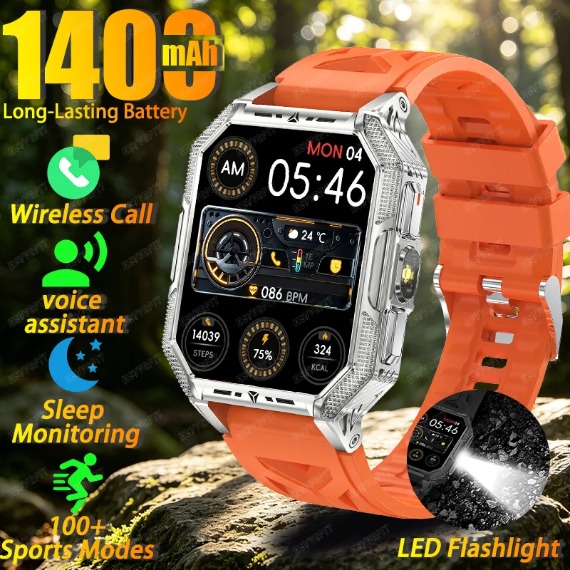New 1400mAh military outdoor smartwatch 2.04 inches LED flashlight IP68 waterproof Heart rate sleep Bluetooth call sport watch