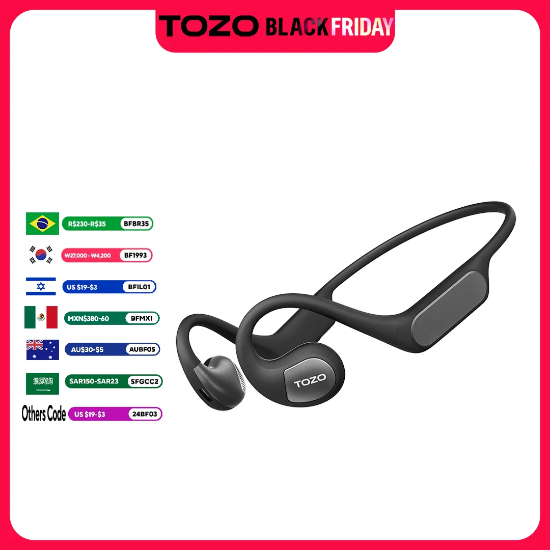 TOZO OpenReal Wireless Earphone Bluetooth 5.3 Open Ear Sports Headphones Waterproof Ear Hook Headset Driving Cycling Running