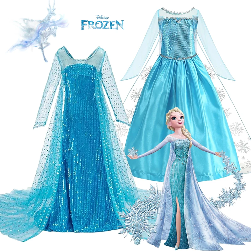 

Girls Elsa Inspired Blue Frozen Princess Costume Dress With Sequins And Cape For Halloween And Birthday Party