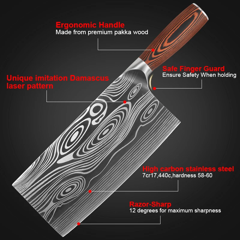 Kitchen Knives 8 Inch Chinese Cleaver Knife 7CR17 Forged Stainless Steel Chopping Chef Knife With Gift Box Packaging