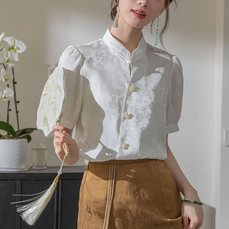 

Chinese Style Short Sleeve Casual Shirt Women New 2024 Summer Vintage Mandarin Collar Basics Ladies Elegant Tops Shirts W1760