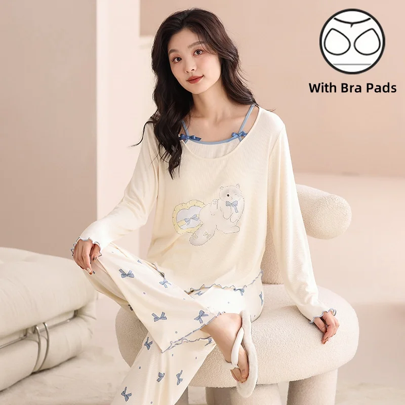 Pajamas Women With Chest Pads Spring Autumn Threaded Cotton Pajamas Long Sleeve False Two Piece Suit Home Clothing