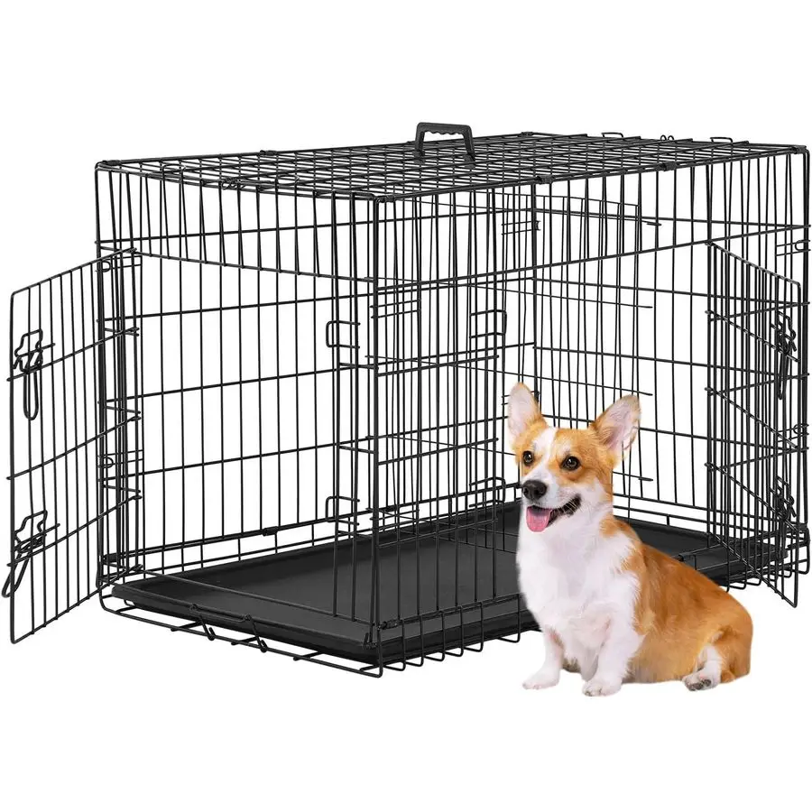 

Crate Kennel Pet Cage for Large Medium Dogs Travel Metal DoubleDoor Folding Indoor Outdoor Puppy Playpen with Divider and Handle