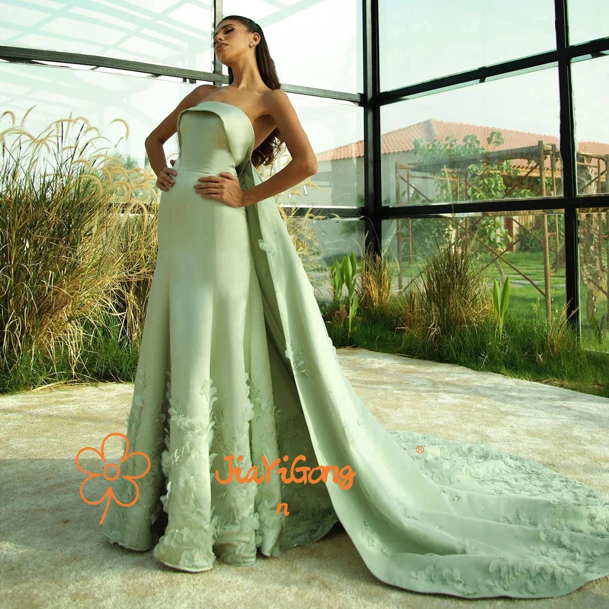 

JiaYiGong 2026 Luxury Crystal 3D Leaves Elegant Chic Woman Evening Dress Sage Green Birthday Gowns with Long Tail Cape JE12828