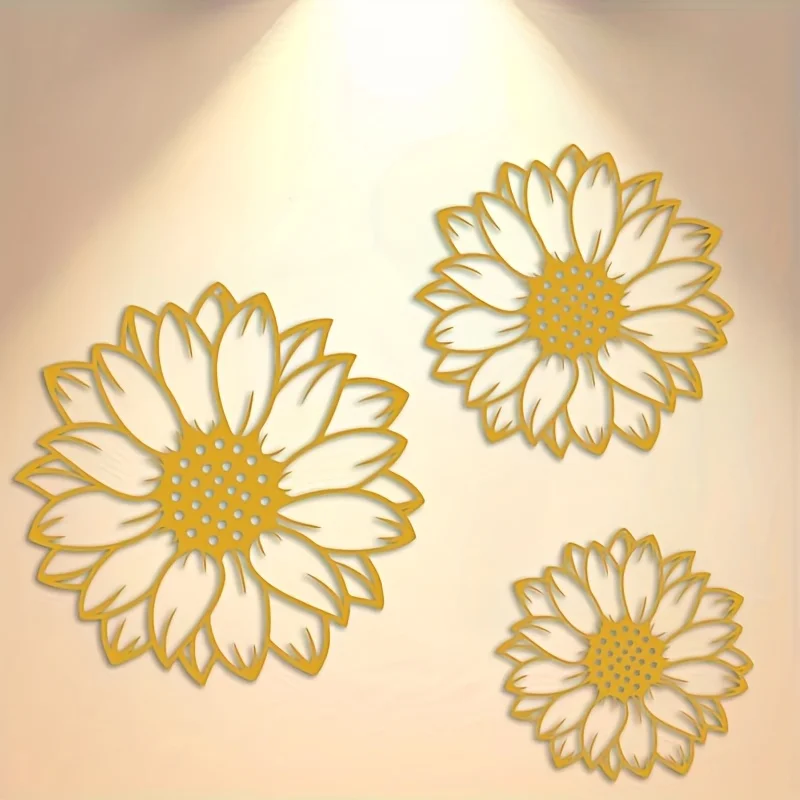 Three Golden Sunflower Wall Art Sculptures, Iron Wall Decor, Suitable for Living Room/Bedroom, Rust-Proof Outdoor Garden Decoration, Unique Housewarming Gift